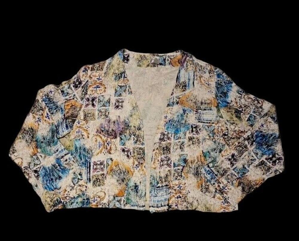 Chicos Cardigan Silk Wool Blend Open Front Multicolor Jacket Kimono Sz 2